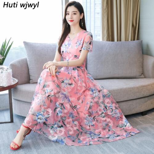 2021 Vintage 3XL Plus Size Embroidery Chiffon Maxi Dresses Summer Print Beach Midi Sundress Elegant Women Bodycon Party Vestidos