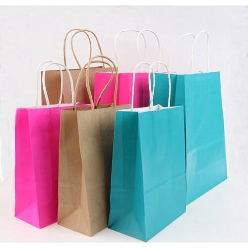 10Pcs/lot Colorful Kraft Paper Bag With Handles Festival Gift Bag Shopping Bags Packaging Bags Wedding Party Favor Boxes