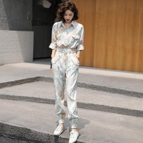 2021 New Spring Autumn Women Belt Tunic Print Jumpsuits Female High Waist Harem Trousers Overalls Romper Holiday Playsuit Y684