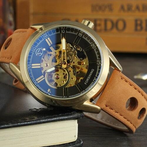 Forsining Top Brand Mens Exposed Mechanical Watch Vintage Skeleton Clock Male Antique Steampunk Casual Automatic Leather Watch