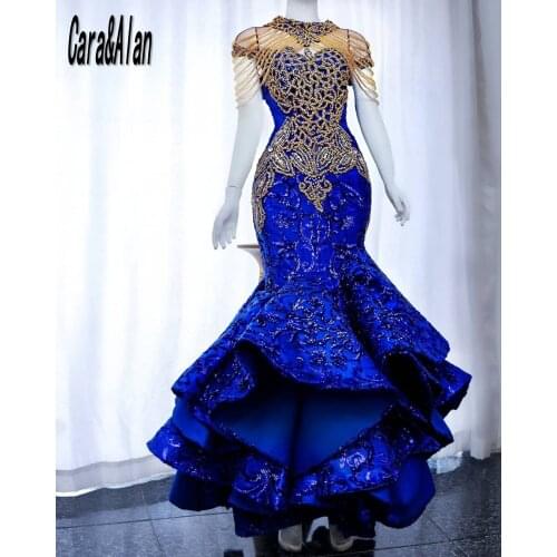 Elegant Aso Ebi Prom Dress Applique Beading Mermaid Royal Blue Evening Gowns 2021 High Neck Celebrity robe de soirée de mariage