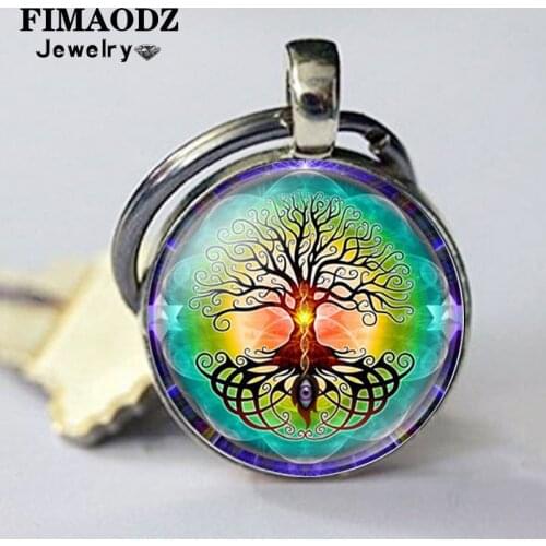 FIMAODZ Tree of Life Keychain Colorful Life Trees Plant Art Photo Glass Cabochon Alloy Pendant Key Chain Ring Charm Jewelry Gift