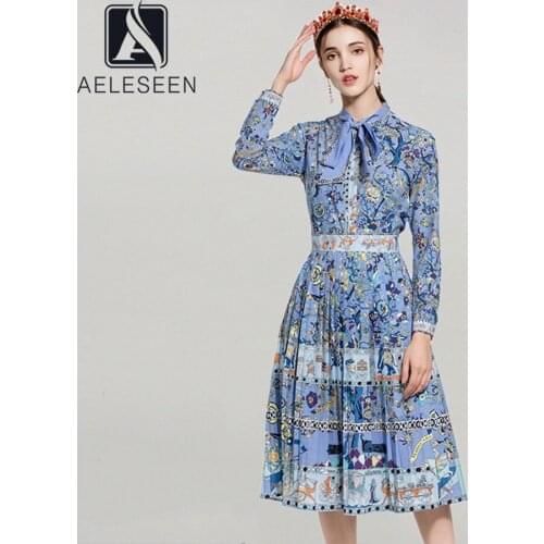 2 Runway Pieces Fashion Spring Autumn New Arrival Blue Blouse+Midi Pleated Skirts Floral Print Elegant Party Sets