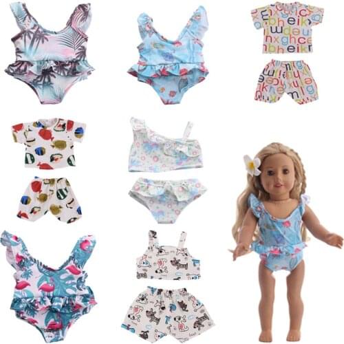 Doll Clothes Printed Swimsuit And Tank Shorts Suits For 18 Inch & 43 Cm Dolls New Born Baby Generation Girls Birthday Gifts