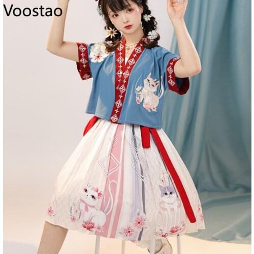 Summer Chinese Style Women Sweet Hanfu Dresses Ancient Traditional Tang Dynasty Princess Costume Girly Cat Embroidery Dress Sets