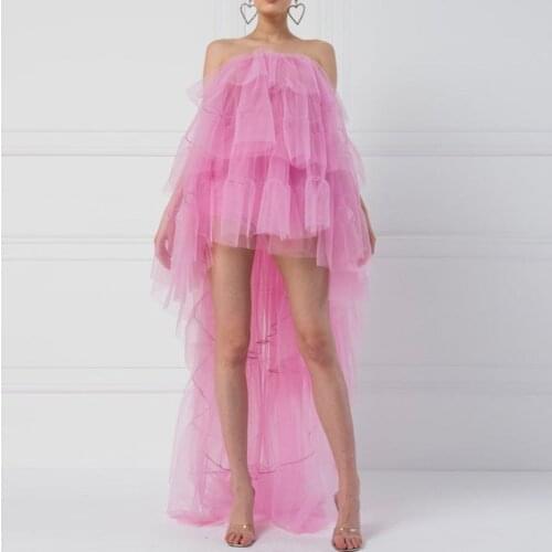 Fashion High Low Tulle Women Dress 2021 Spring Summer Cocktail Gown Tiered Ruffles Prom Party Dresses for Girls Pink Vestido