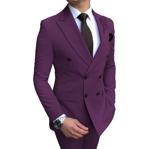 Double Breasted Men Suits Dark Purple Groom Tuxedos Peak Lapel Groomsmen 2 Pieces Wedding Best Man ( Jacket+Pants+Tie ) C974