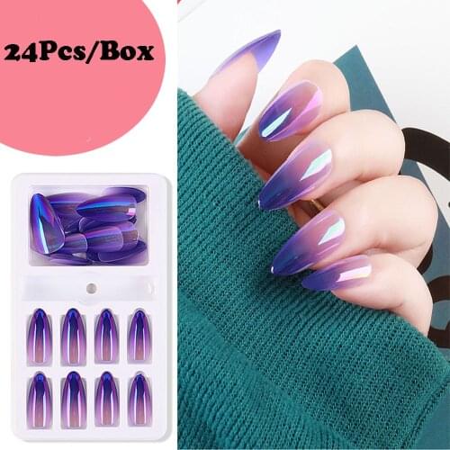 24pcs/Box Gradient Ballerina Fake Nails Press on Fashion Wearable Stiletto Long Colorful Artificial Nails Full Cover Nail Tips