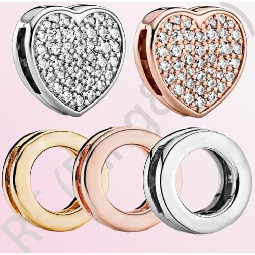 2020 New 925 Sterling Silver Beads Crystal Pave Heart Circle Clip Charms fit Original Pandora Reflexions Bracelets Women Jewelry