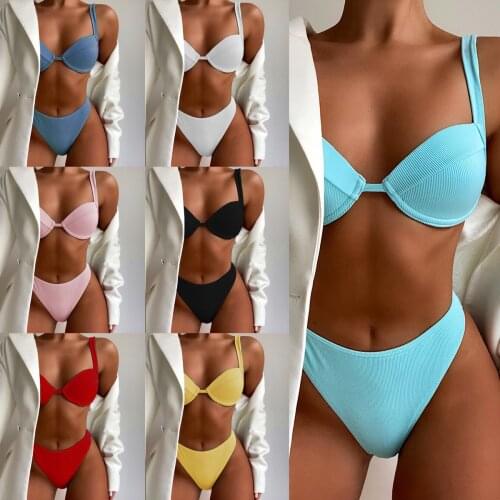 2021 New Hard Cup Bikini Set High Waist Solid Color Swimwear Blue Red Black White Pink Beach Swimsuit SW683