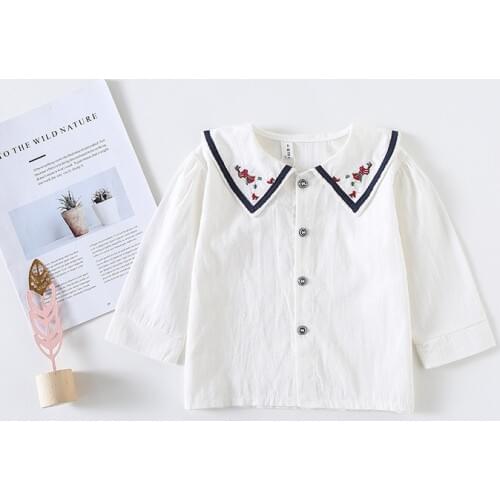 2019 Spring New Kids Baby Girls Embroidered Flower Long Sleeve Shirts Floral Navy Collar Tops Shirts 1-4Y Autumn White Blouses