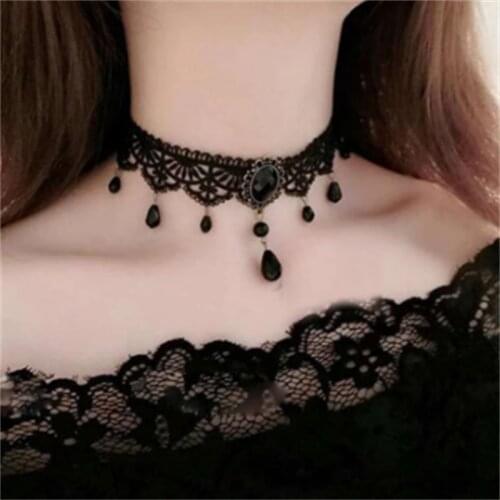 New Collares Sexy Gothic Chokers Crystal Black Lace Neck Choker Necklace Vintage Victorian Women Steampunk Jewelry Wholesale