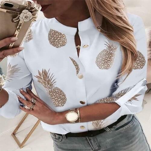 Hirigin Autumn Womens Ladies Casual Tops Blouse Long Sleeve Pineapple Print OL Floral Business Shirts