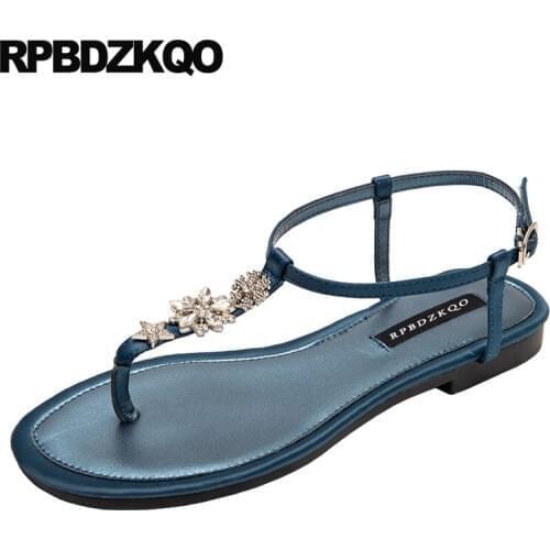 Blue Ladies Women Sandals Flat Summer 2018 Cheap Rhinestone T Strap Shoes Wedding Diamond Thong Designer Jewel Silver Crystal