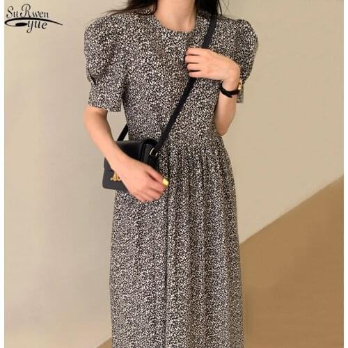 Korean High Waist Party Dresses Floral Printing Summer Dress 2021 Short Sleeve Gentle Pleated Clothing Loose Robe Femme 15038