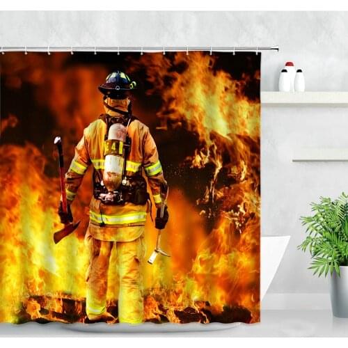 3D Firefighter Fire Fighting Pattern Shower Curtains Waterproof Sports Red Fire Truck Fabric Hooks Screen Bathroom Decor Curtain