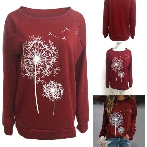 Women Casual Dandelion Print Long Sleeve O Neck Loose Blouse Sweatshirt Autumn Winter Plus Size Long Sleeve Pocket
