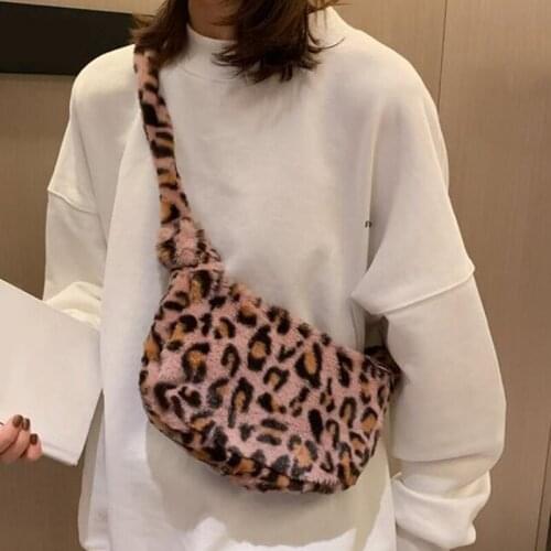 Fluffy Leopard Female Shoulder Bag Winter New Plush Handbag Small Fashion Print Crossbody Bag Women Soft Casual Messenger Bag