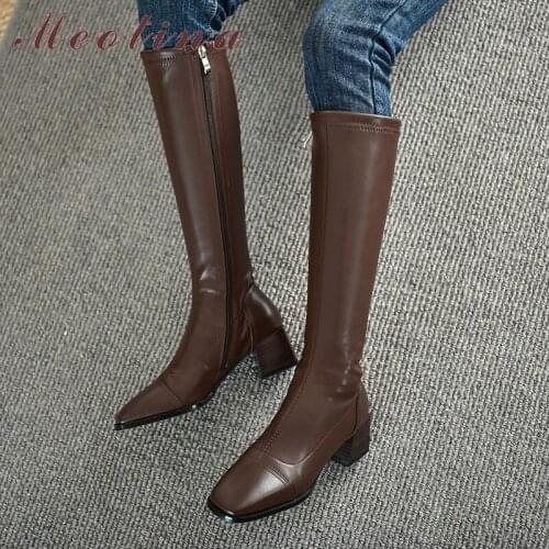 Meotina Real Leather High Heel Woman Boots Block Heel Knee High Boots Square Toe Shoes Zipper Female Long Boots Autumn Winter 40