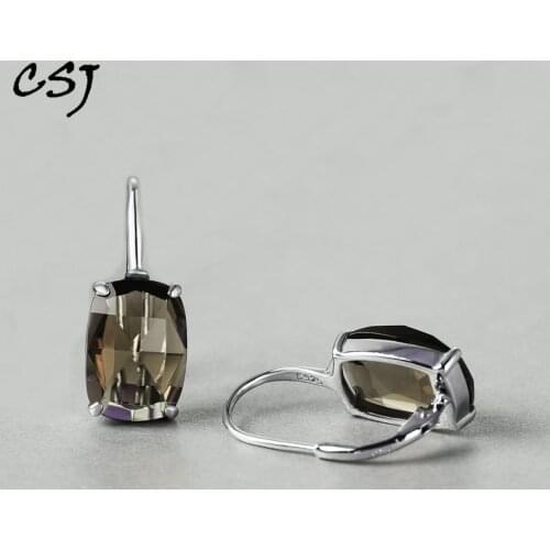 CSJ Natural Smoky Quartz Earrings 925 Sterling Sliver Amethyst Green Quartz Earrings For Women Lady Mother Party Gift Box