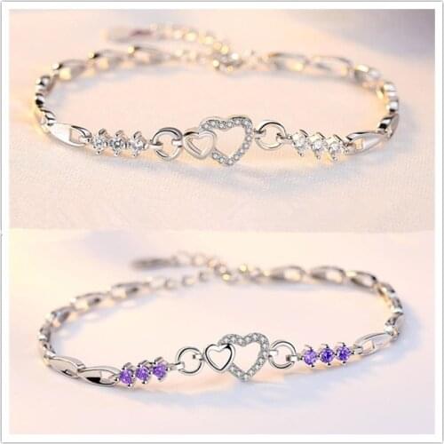 Fashion Girls Heart Zircon Bracelets Women Jewelry Top Quality Silver 925 Bracelet Accessories Female CZ Purple Bracelet Gift