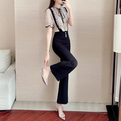 2021 Summer Fashion New Office Lady Style O Collar Short Sleeve Blouse and Wide Leg Pants Suit Women Elegant Two Piece Sets Q155