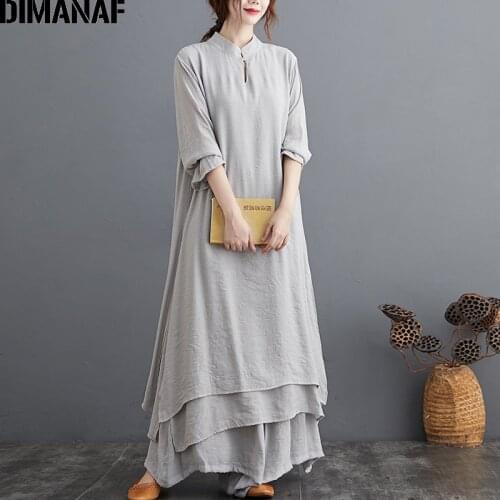 DIMANAF Plus Size Sets Suit Women Clothing Autumn Casual Female Elegant Vintage Lady Tops Shirts Loose Long Pants Sets Solid
