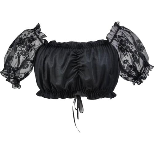 Corzzet Victorian Black Chiffon & Floral Lace Women Off Shoulder Crop Top Short Sleeves Gothic Bustier Plus Size Women Clothing