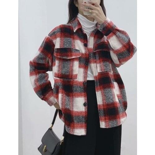 Nice Vintage Woman Red Loose Plaid Woolen Coats Autumn Winter Fashion Ladies Warm Pocket Coats Female Casual Oversized Jackets