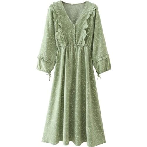 New Women Vintage Polka Dot Dress with Ruffled Trims V-neck Wrist Sleeves Buttoned Midi Boho Dresses Woman Robe