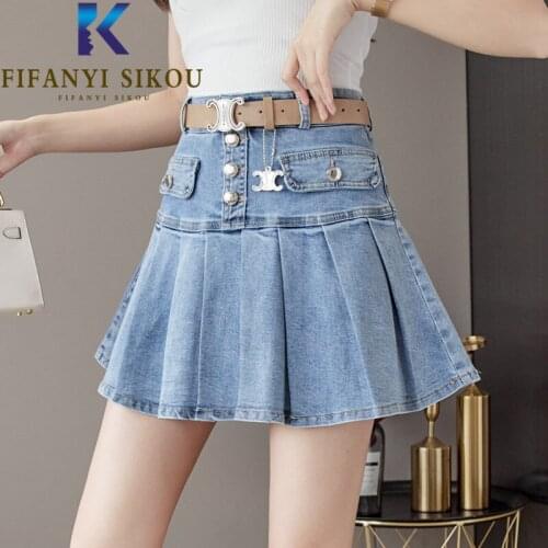2021 Summer Denim Pleated Skirt Women Fashion Single Breasted High Waist Mini Skirt Female Loose Casual Jeans Skirts With Belt