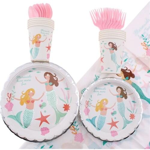 51pcs/set Mermaid Theme Party Tableware Birthday Decoration Party Baby Shower Plates Napkins Disposable Tableware Party Supplies