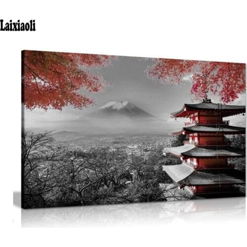 5D DIY Diamond Painting Japanese Temple Autumn Black White art Red landscape Cross Stitch Mosaic diamond embroidery Needlework