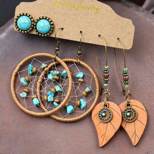 Bohemian Hollow Dream Catcher wooden Leaf Long Earrings For Women Indian Jewelry Blue Natural Stone Drop Dangle Earrings Brincos