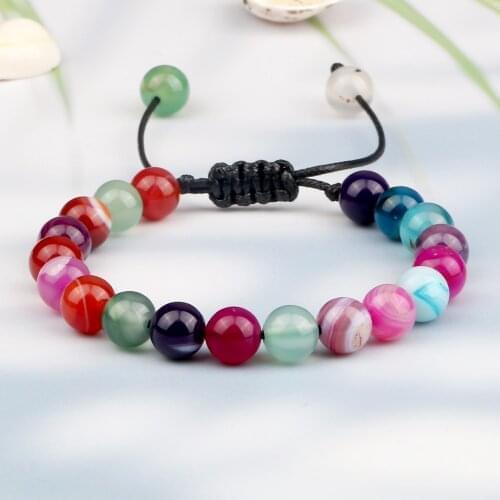 Charm 8MM Striped Agate Beads Bracelet Women Adjustable Natural Stone Braided Bracelet Couple Distance Round Onyx Bangle Jewelry