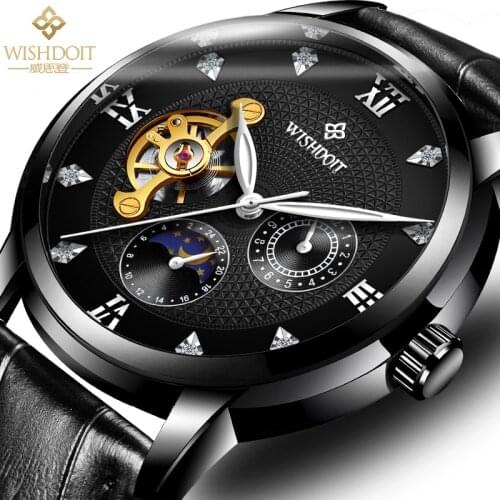 WISHDOIT New Mens Mechanical Watches Top Luxury Automatic Men Moon Phase Luminous Casual Fashion Waterproof Calendar Clock