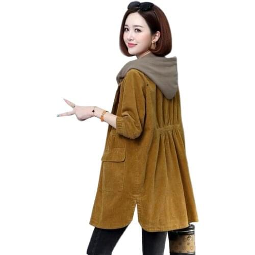 Corduroy Jacket Women New Spring Autumn Middle Aged Mother Hooded Jacket Female Casual Loose Plus Size Outerwear Tops R739