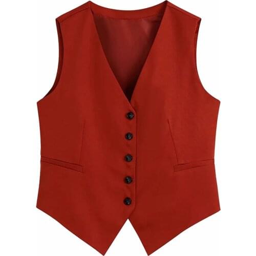 DYLQFS 2021 Women Elegant Red Streetwear Sleeveless Short Vest Female Vintage Slim V-Neck Single-breasted Casual Waistcoat