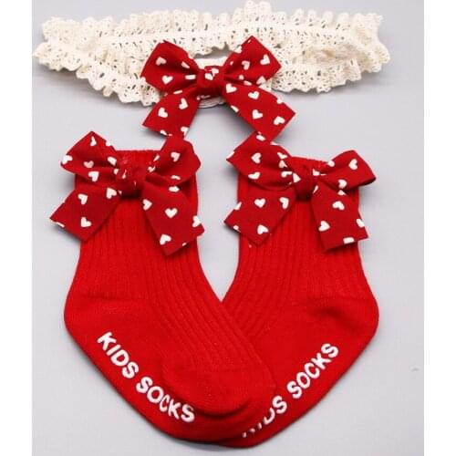 2 PCS/Set Cotton Baby Socks Girl Toddler Cute Newborn Socks + Bow Headband Infant Slip Socks Glue Birthday Sock 6-18Months Socks