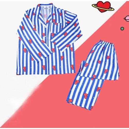Women Sleepwear Heart Stripe Print Pajamas Sets Women Harajuku Soft Short Sleeve Nightwear Set 2021 Summer Comfortable Pajama