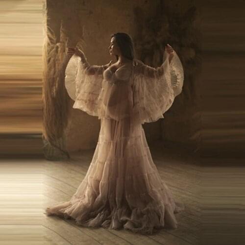 Pretty Pleated Tulle Maternity Women Dress With Flare Long Sleeves Charming See Thru Mesh Maternity Gowns To Photo Shoot