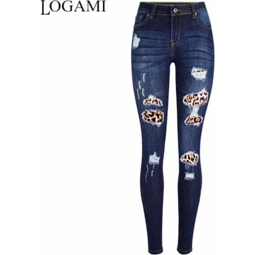 LOGAMI Leopard Patchwork Skinny Jeans Woman Ripped Denim Pants Womens Autumn Jeans