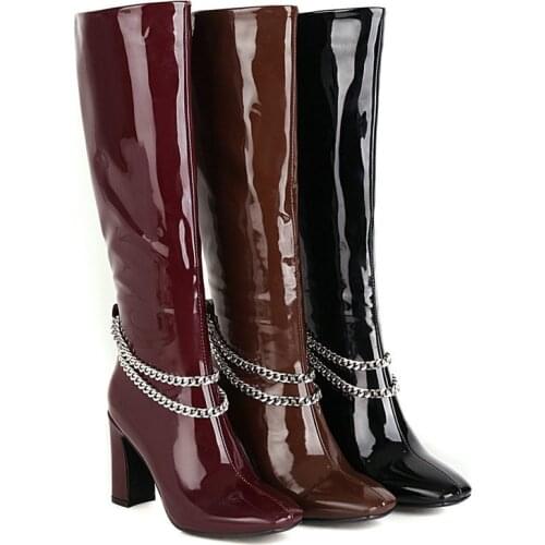 Fashion Chain Womens Boots Pu Leather Square High Heel Knee High Boots Square Toe Zipper Autumn Winter Long Boots Ladies Shoes