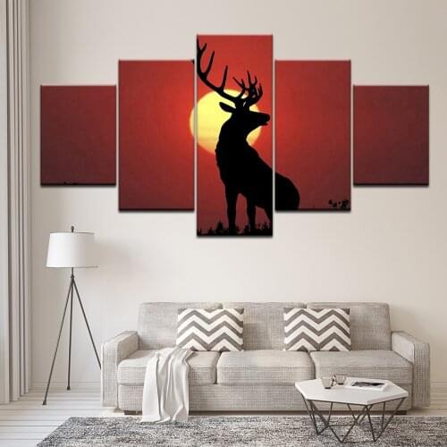 Canvas Painting Wall Art Modular Deer Pictures Living Room 5 Pieces Animal Elk Sunset Canvas Print Modern Home Decor Artwork