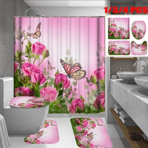 A Four-piece Bathroom Essential To Every Family, with A Bright Pink Butterfly Print, Suitable for Bathroom Scenes