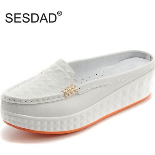 New Casual Women Genuine Leather Platform Shoes For Woman Slippers Fashion Slip-on Women Beach Sandals Ladies Slides White Shoes