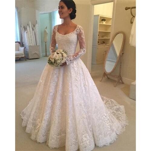 NUOXIFANG 2021 Elegant Long Sleeves Square Neck Lace Appliques Wedding Dresses Dubai Arabic Beaded Vestido De Noiva Bridal Gown