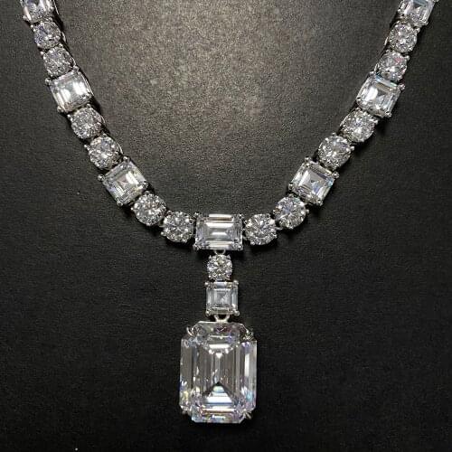 Super Luxury 925 Sterling Silver Tennis Necklace Female 14x18 MM Emerald Cut 17 Inch Very Shiny Simulation Diamond Jewelry