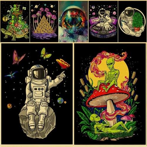 Psychedelic Alien Space Astronaut Retro Poster Funny Home Bar Cafe Art Wall Sticker Collection Picture Wallpaper Decoration