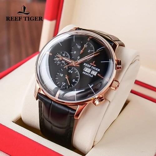 Reef Tiger/RT Luxury Dress Watch Men Multi Function Genuine Leather Strap Rose Gold Business Automatic Mechanical Watch